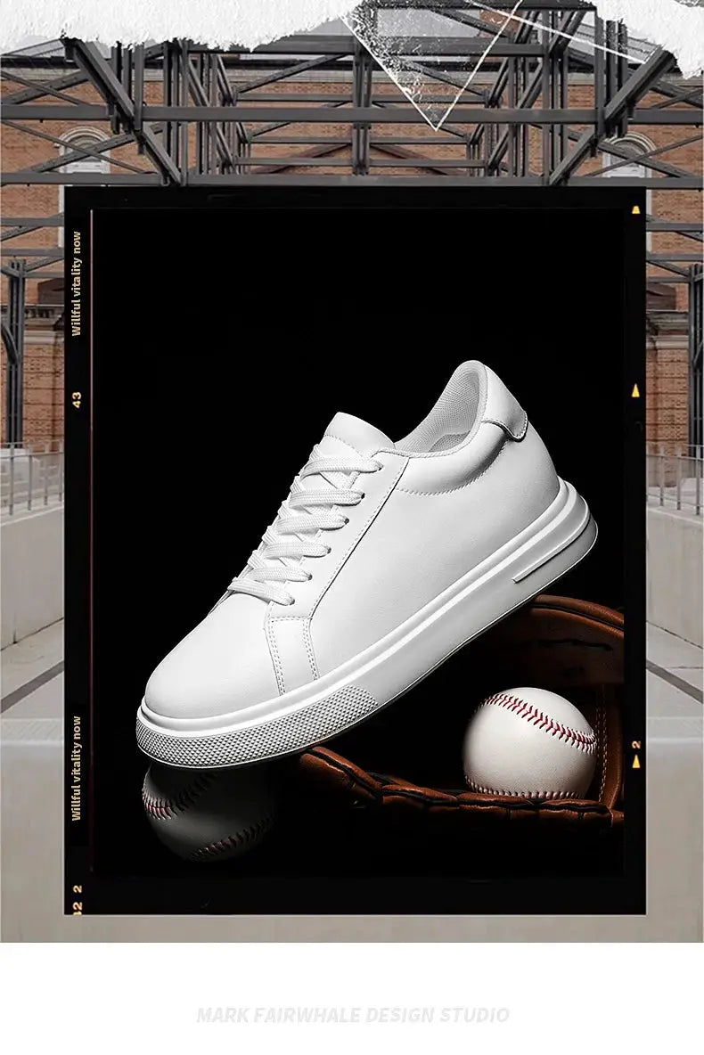 Men's white leather elevator sneakers with height-boosting insole and thick platform sole