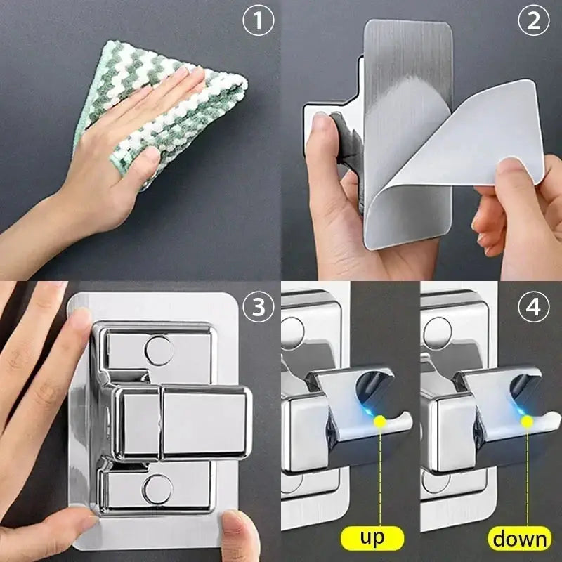 Universal shower head holder, chrome wall-mounted, self-adhesive, adjustable for handheld showerhead.