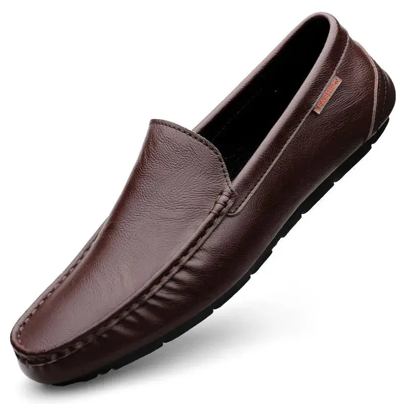 Men's brown genuine leather loafers slip-on driving moccasins by Simples Market with black sole