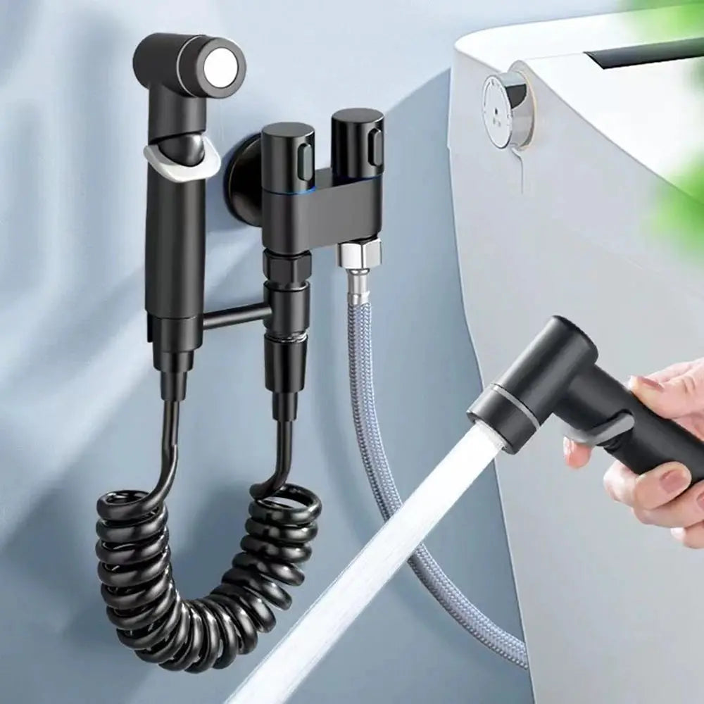 Zinc alloy angle valve wall-mount bidet sprayer set with one inlet and two outlets; black finish with dual spray heads.