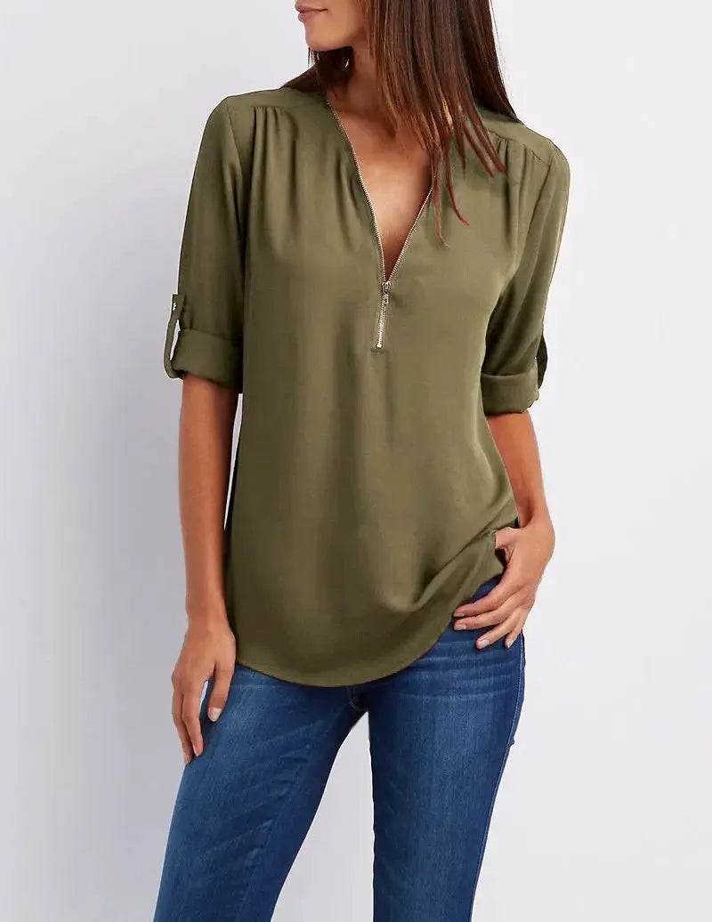 Olive green chiffon blouse with deep V-neck zipper, loose-fit casual top by Simples Market