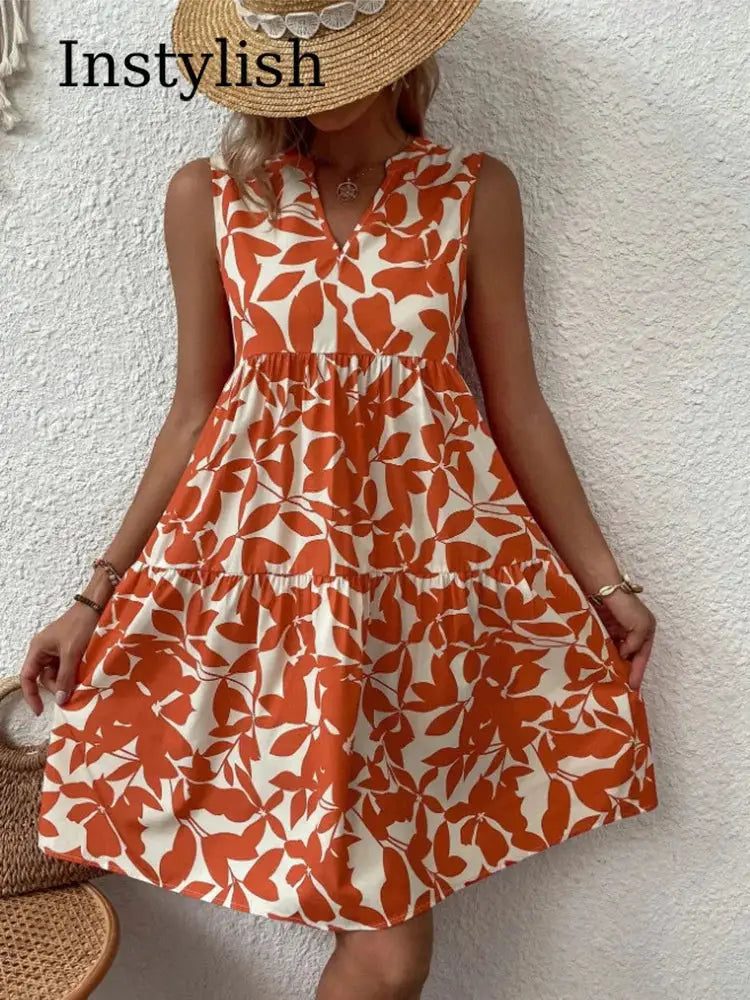 Women Boho Print Mini Dress Sleeveless V Neck Ruffle Beach Sundress
