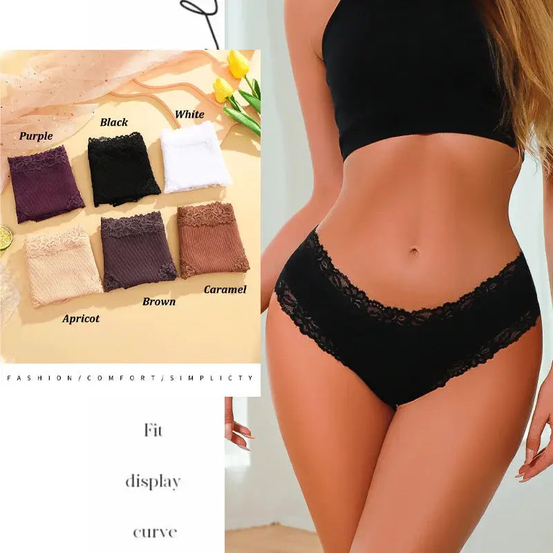 Three-piece women's floral lace cotton panties set; low-rise seamless briefs in assorted colors, shown with black lace.