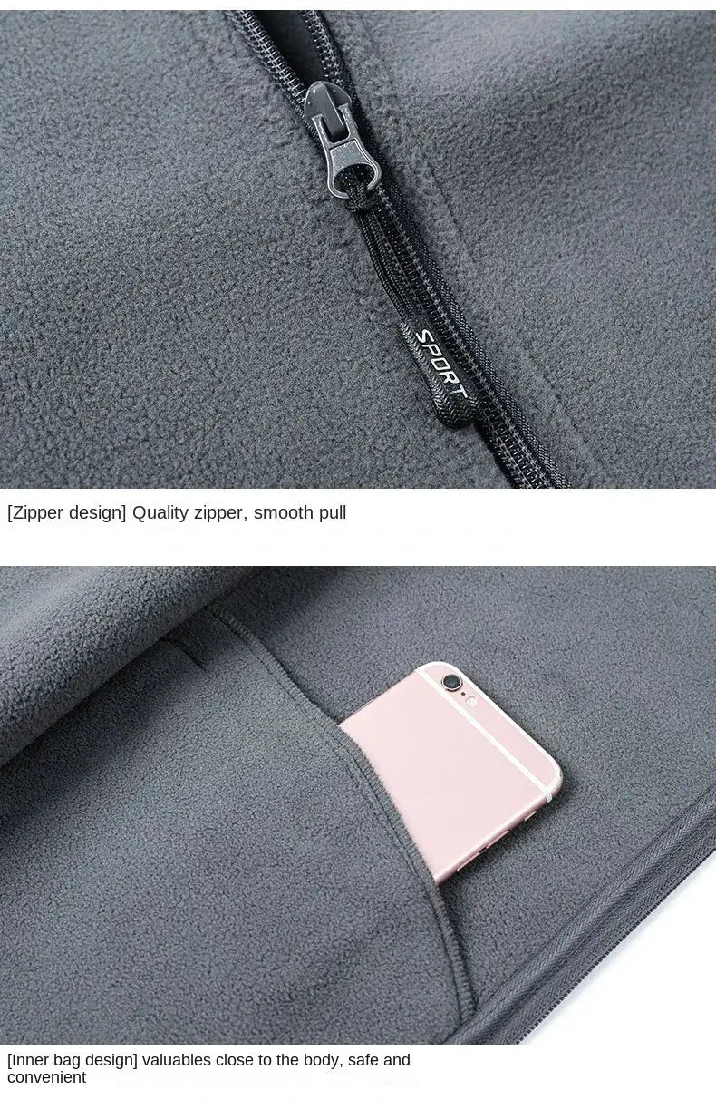 Men's grey fleece zip vest with sturdy zipper and inner pocket for a phone