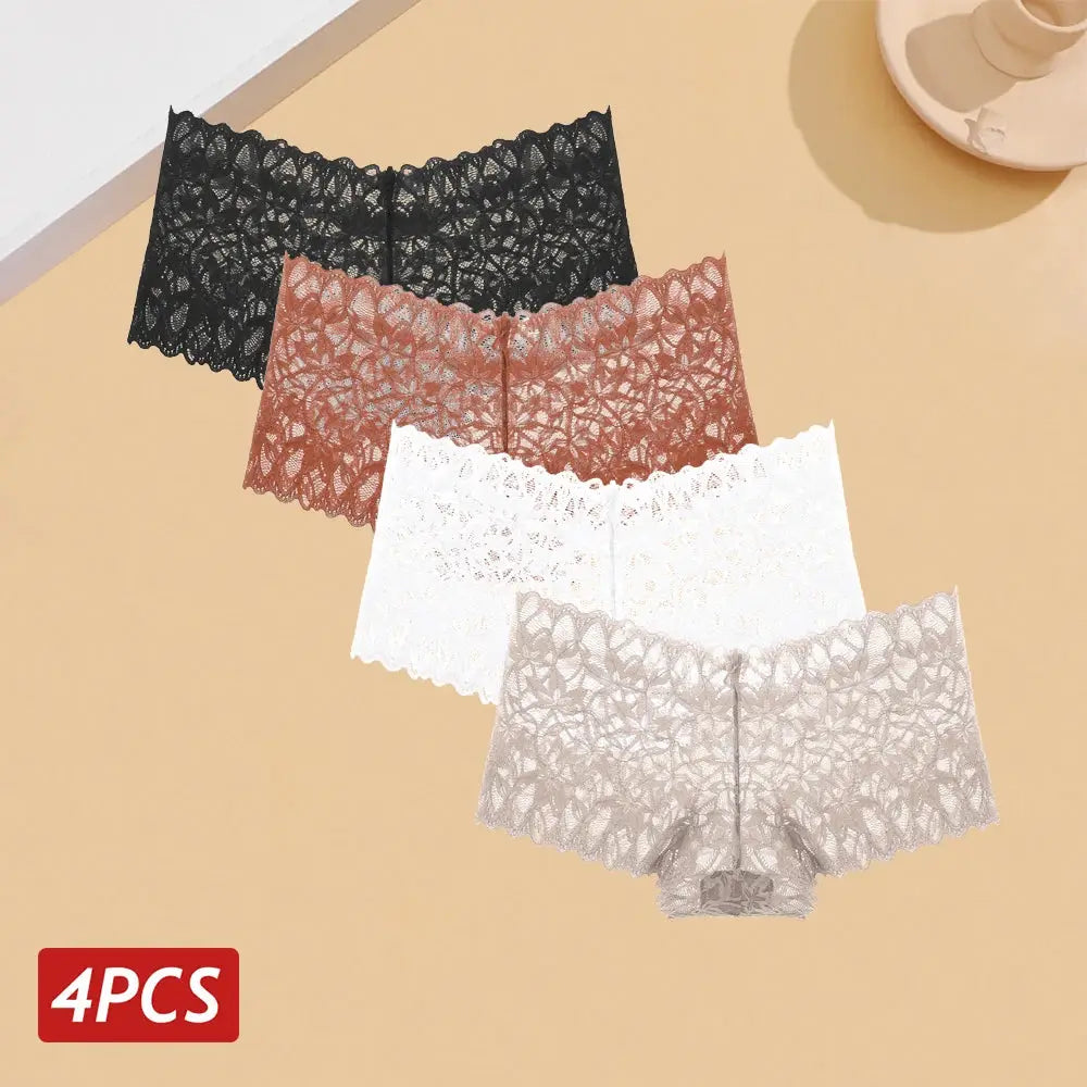 4PCS women's floral lace panties set in black, rose, white and gray with breathable V-waist briefs