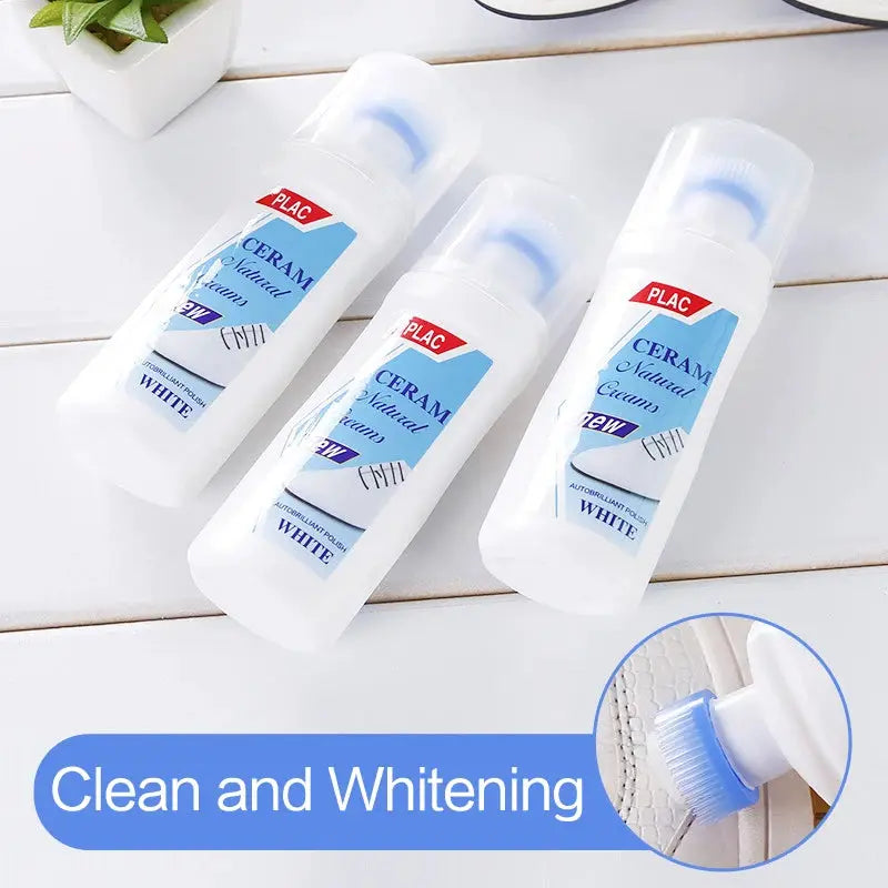 iawesome white shoe cleaner set by Simples Market with three bottles and blue brush heads