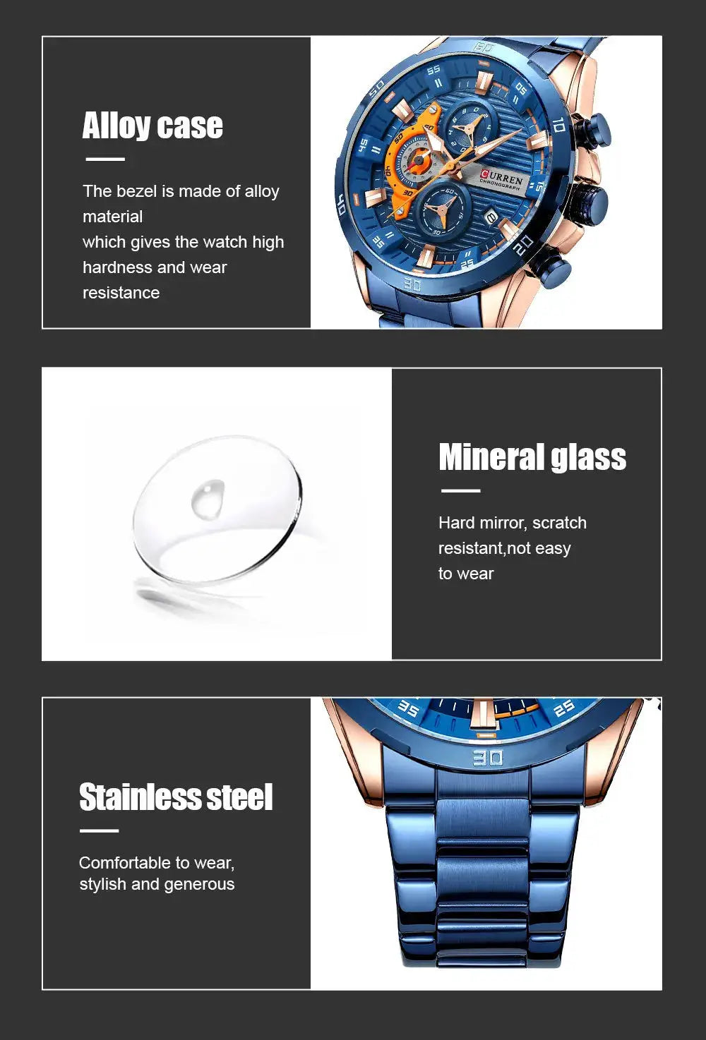 Curren 8402 men's wristwatch with alloy case, blue stainless steel band and luminous chronograph dial
