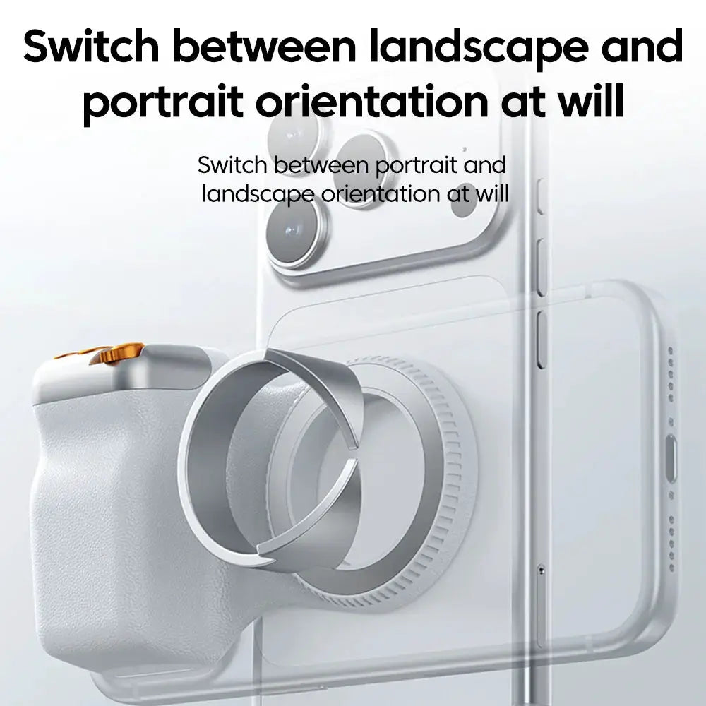 Magnetic phone camera grip by Simples Market; white, zoomable handle with Bluetooth remote for iPhone/Huawei