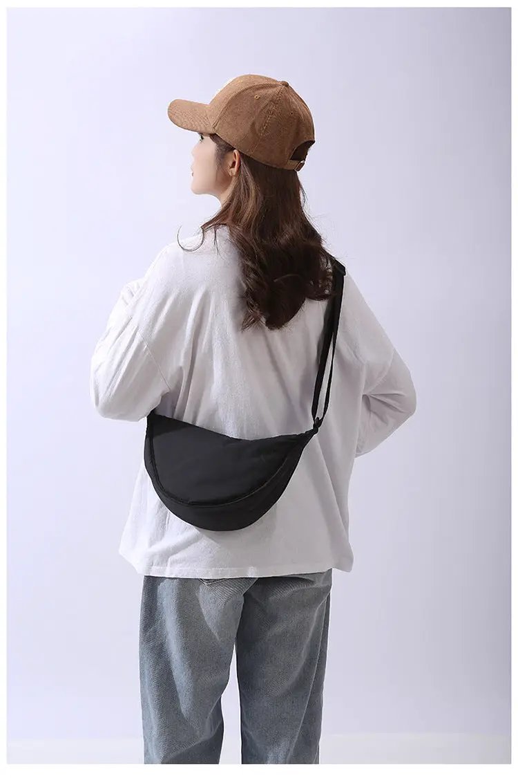 Crossbody bag, black nylon padded, women's portable shoulder bag
