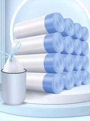 Thick trash bag liners by Simples Market with tear-off drawstrings, white bags with blue ends, multiple rolls