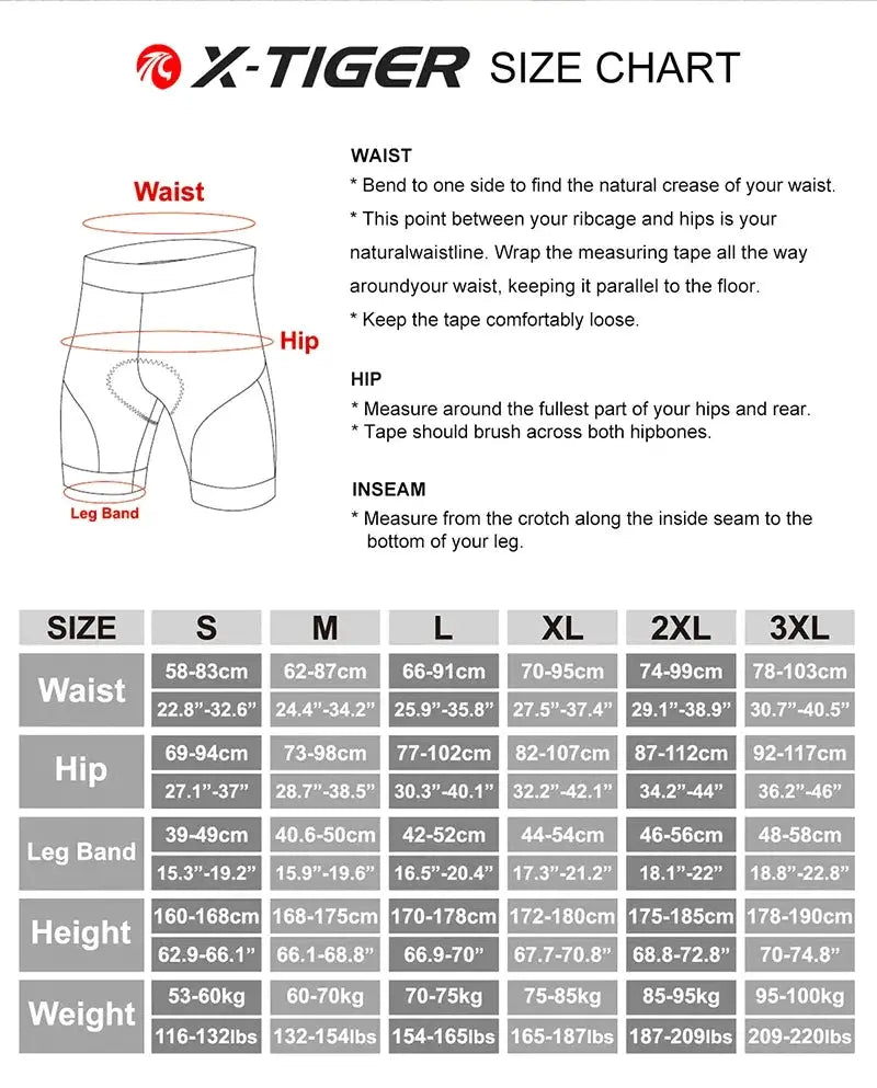 X-TIGER cycling underwear shorts size chart with shorts diagram and waist/hip/leg-band measurements and size grid (S–3XL)