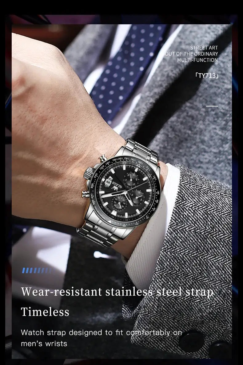 OLEVS TY705 men's stainless steel watch with black chronograph dial, waterproof luminous quartz