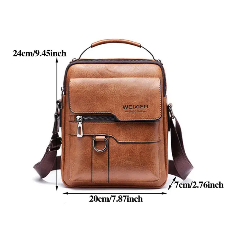 Leather crossbody shoulder bag for men in brown with front pocket and metal ring, Weixier.