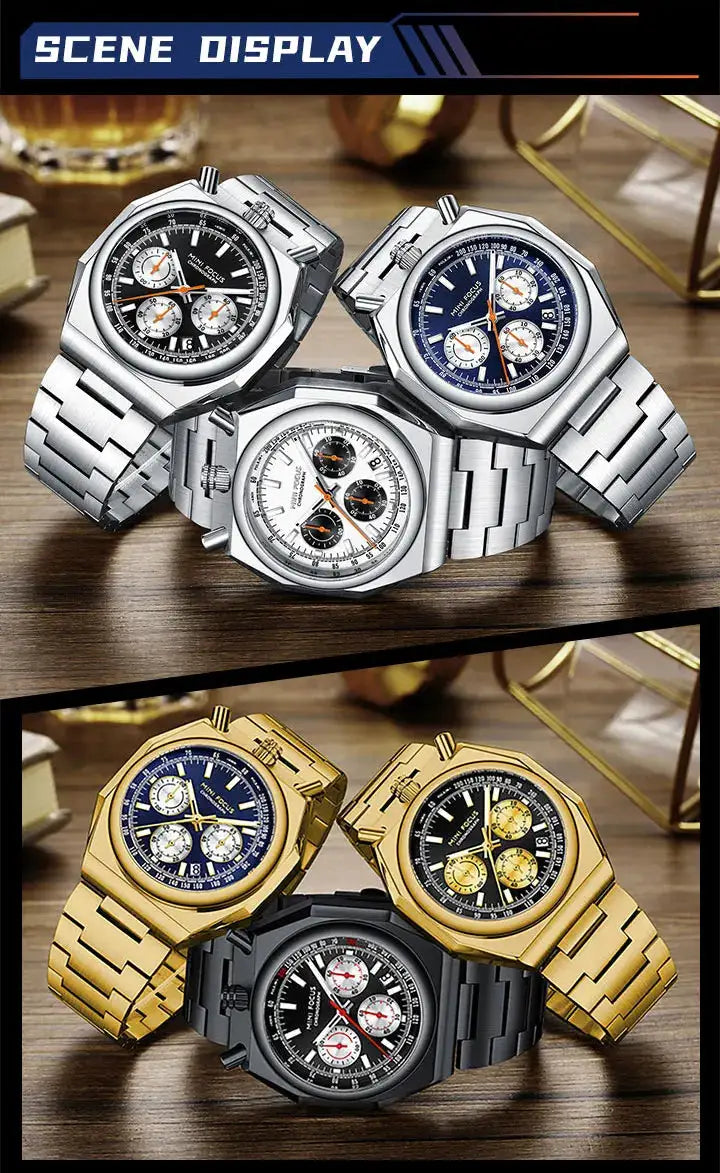 MINI FOCUS chronograph quartz watches for men; five stainless steel wristwatches in silver and gold tones