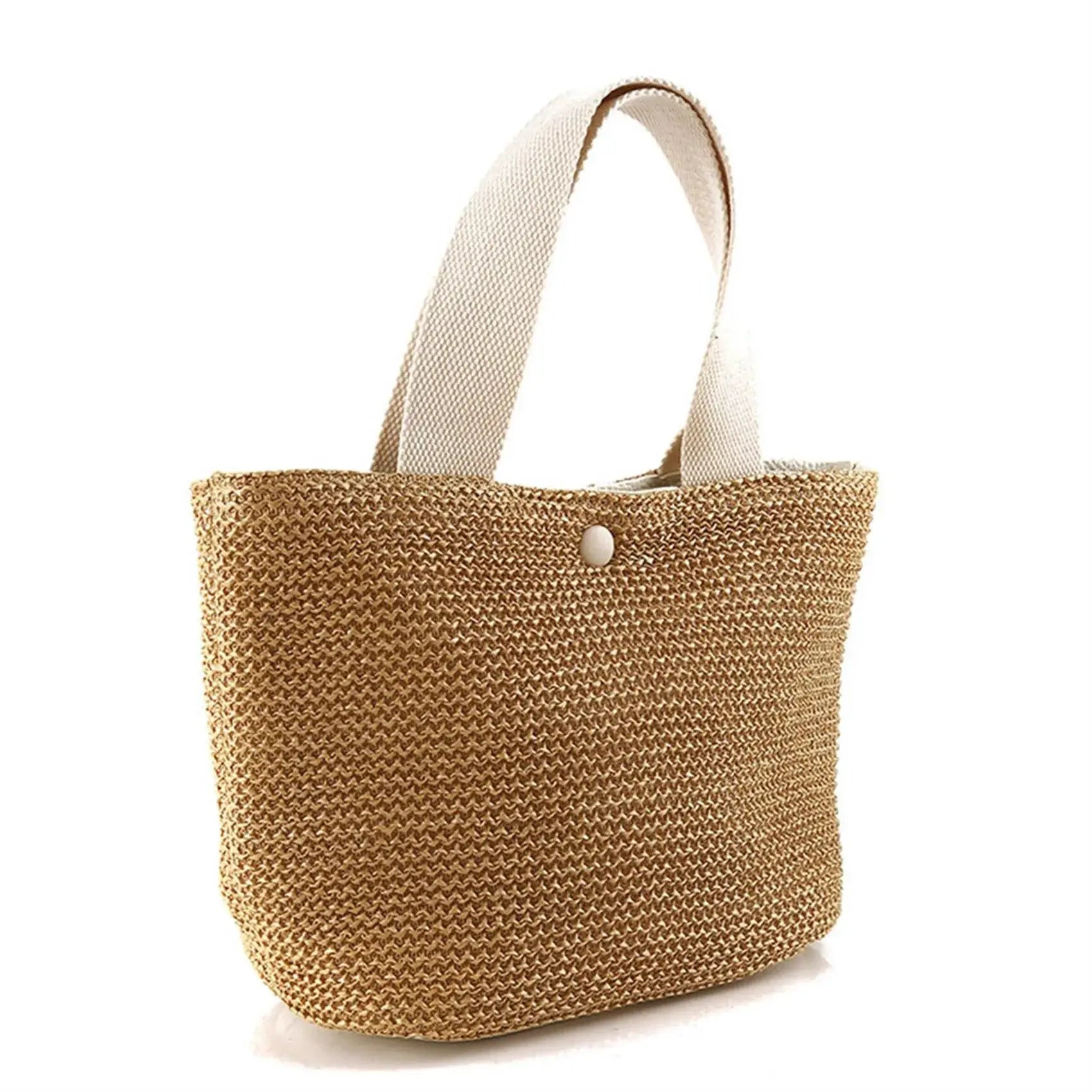 Straw woven tote bag with cream top-handle straps, beige beach-style handbag for casual summer outings