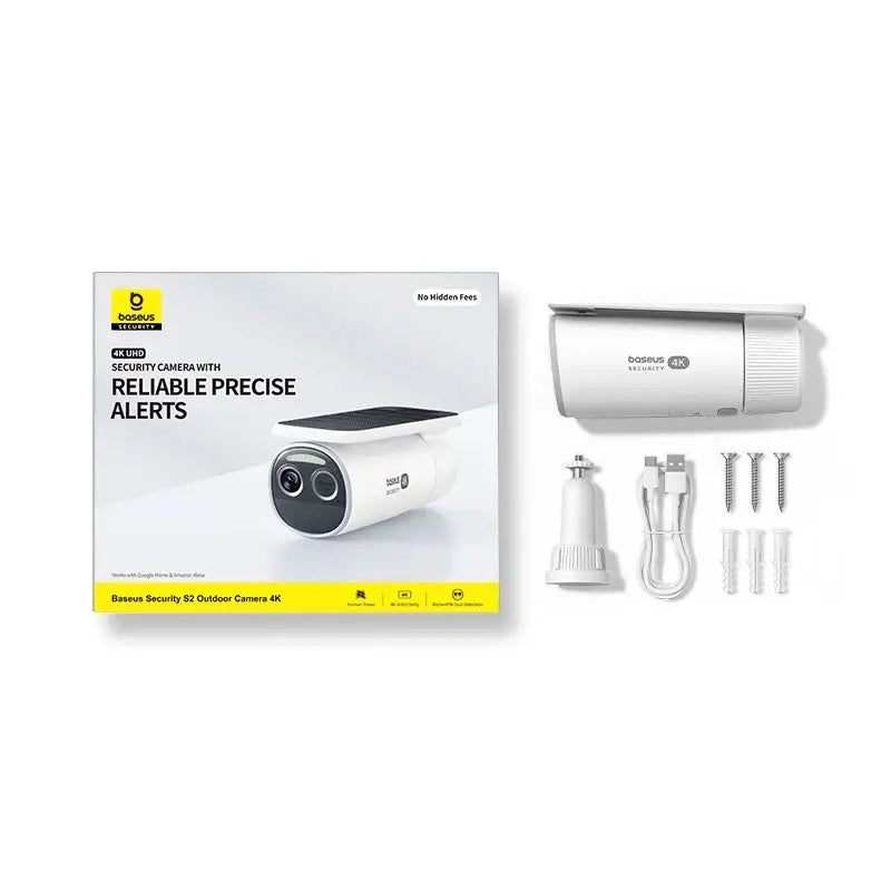 Baseus Security S2 outdoor 4K camera kit with solar panel, white body, box and mounting screws and accessories