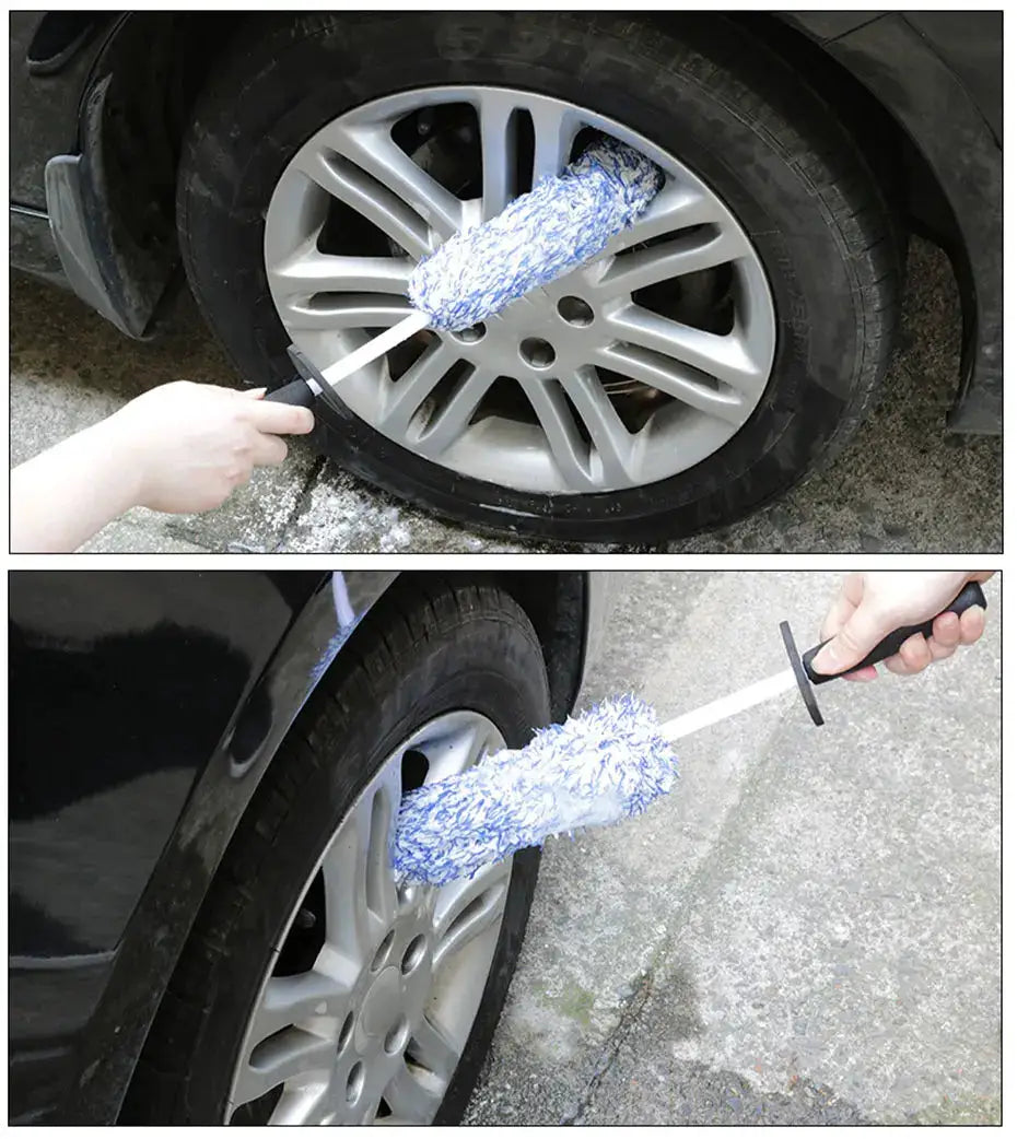 SEAMETAL plush wheel brush with blue-and-white fibers and non-slip handle for cleaning rims and spokes