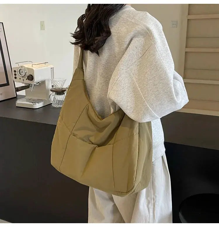 Simples Market tan soft cloth shoulder bag for women; slouchy hobo style with long crossbody strap
