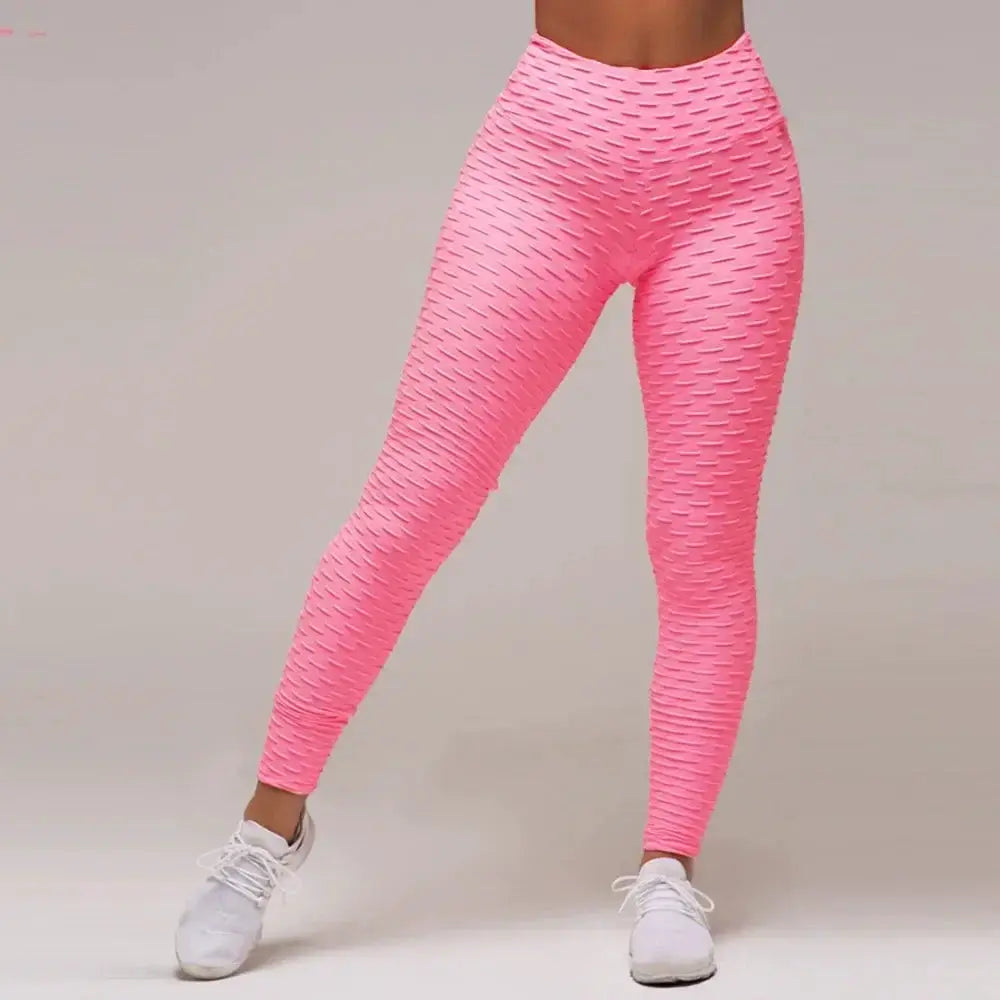 Women's high-waist pink bubble-textured leggings from Simples Market for yoga and gym workouts