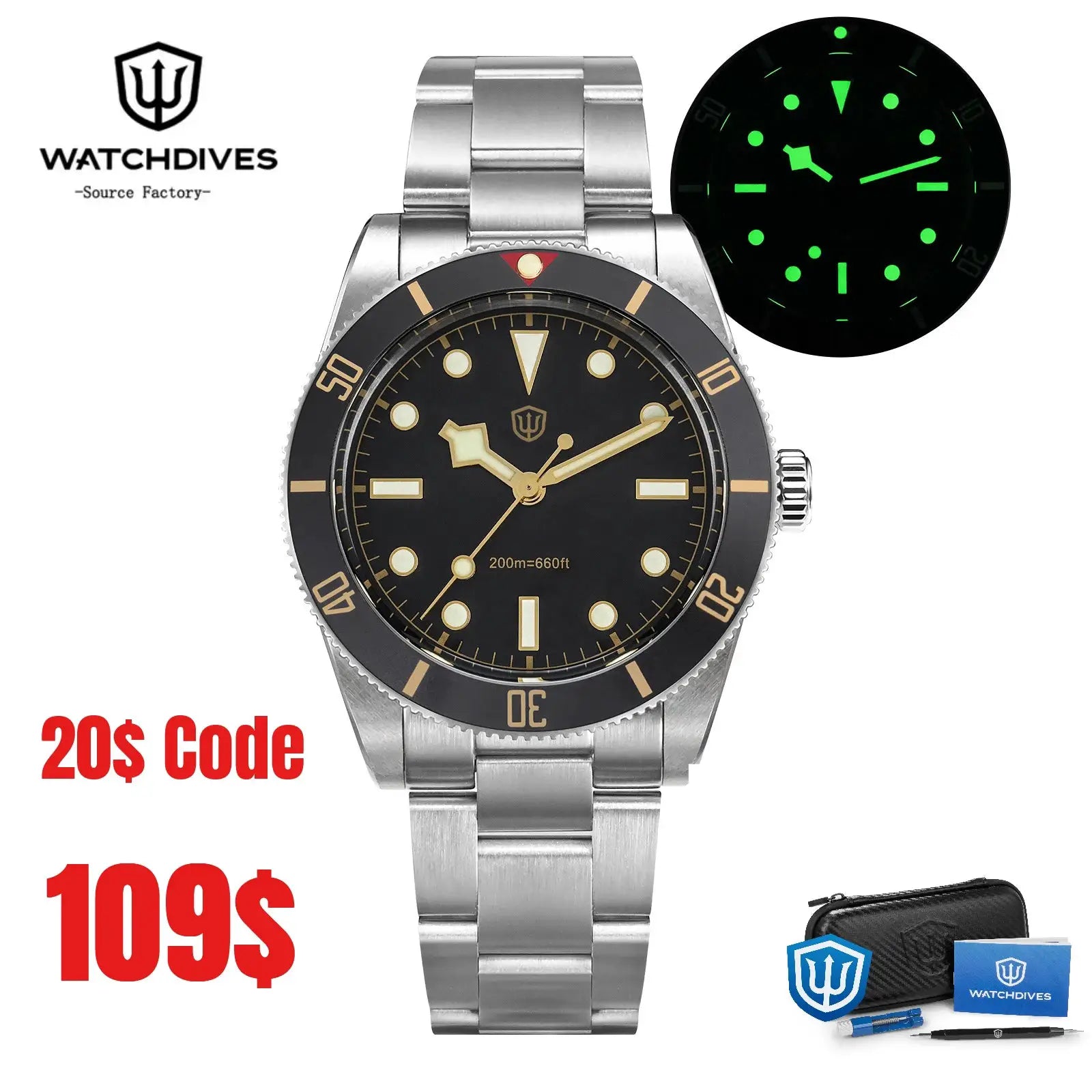 Watchdives WD7922 BB54 stainless steel diver watch with black dial and luminescent markers