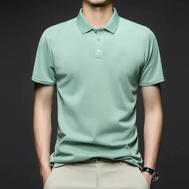 Men's mint green solid short-sleeve polo shirt with collar and two-button placket