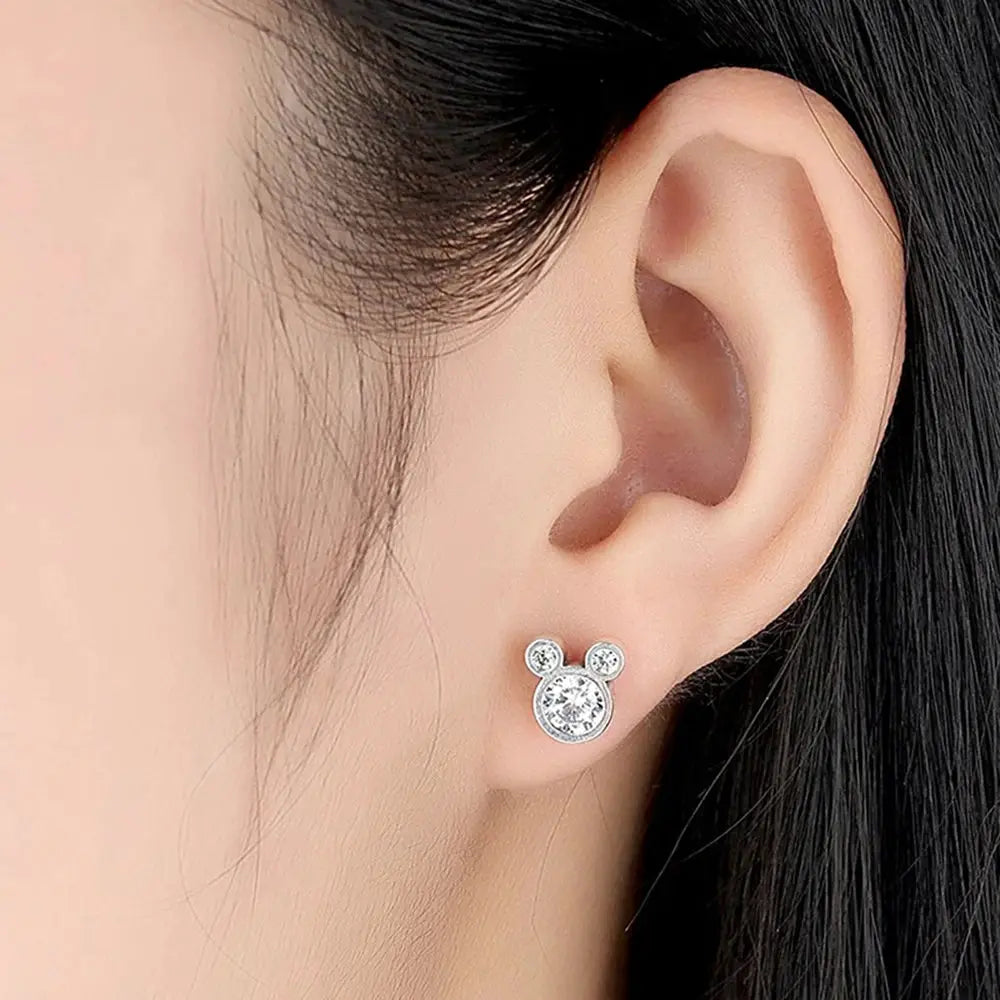 925 Sterling Silver Mouse Cartoon Stud Earrings for Women Girls Dazzling Zircon Gift Jewelry