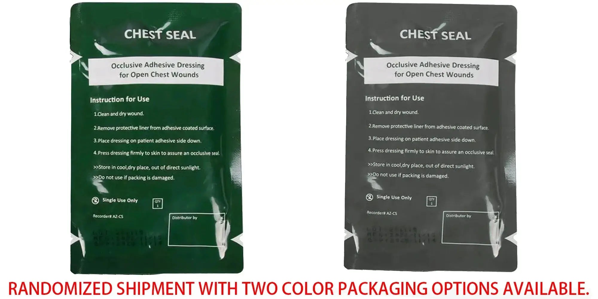 Chest Seal occlusive adhesive dressings for open chest wounds, Simples Market, two sterile green and gray packs.