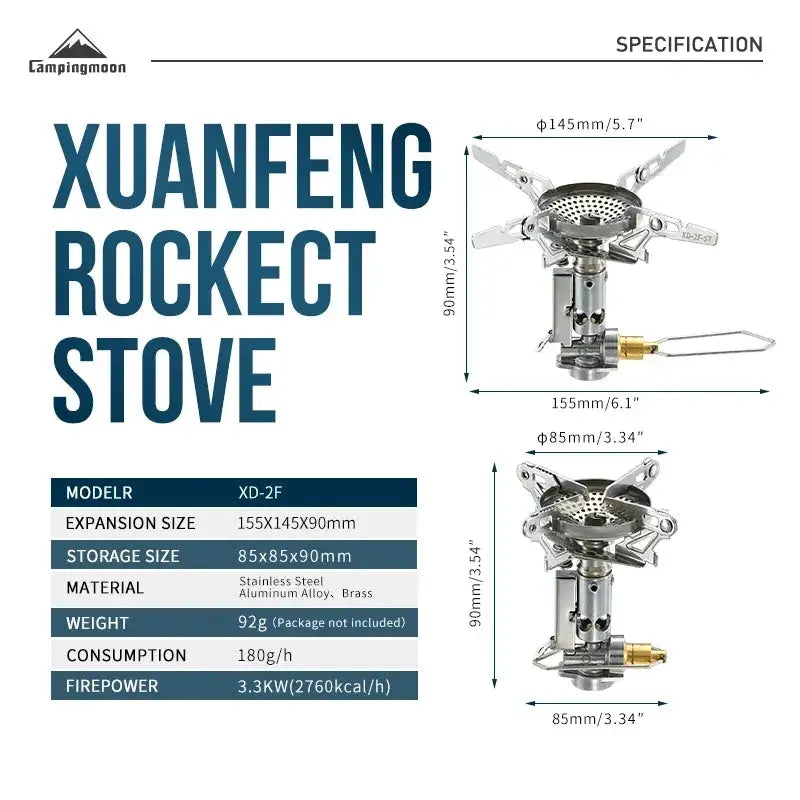 Campingmoon XD-2F rocket stove; stainless steel and brass portable windproof gas stove, two views.