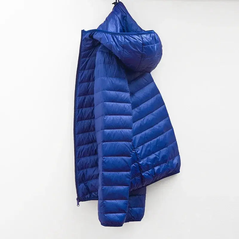 Men's blue down jacket, hooded ultralight plus-size puffer coat for winter