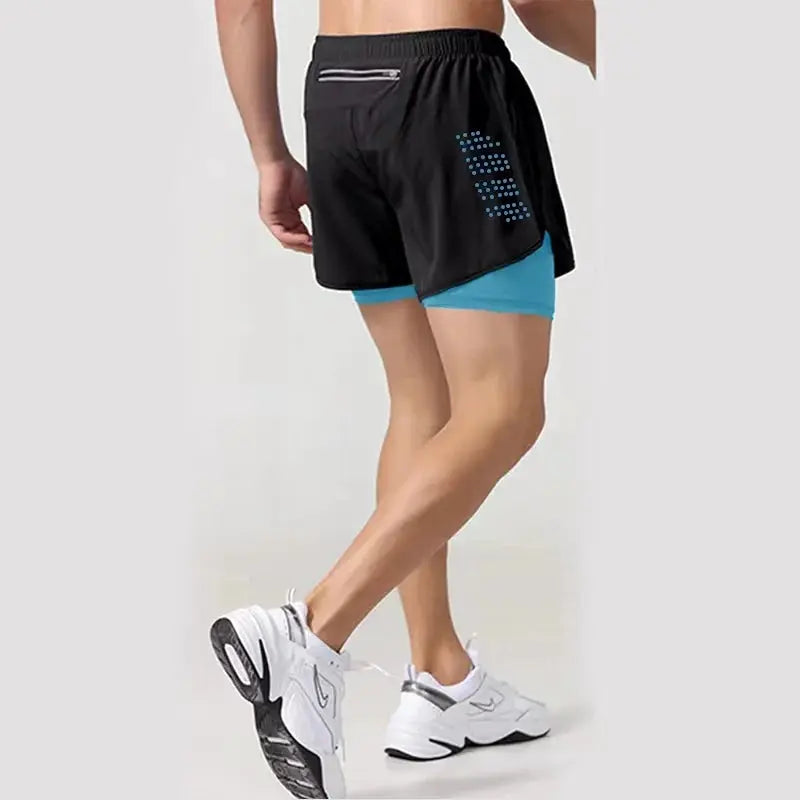 Men's 2-in-1 black double-layer quick-drying gym shorts with blue inner liner and back zip pocket