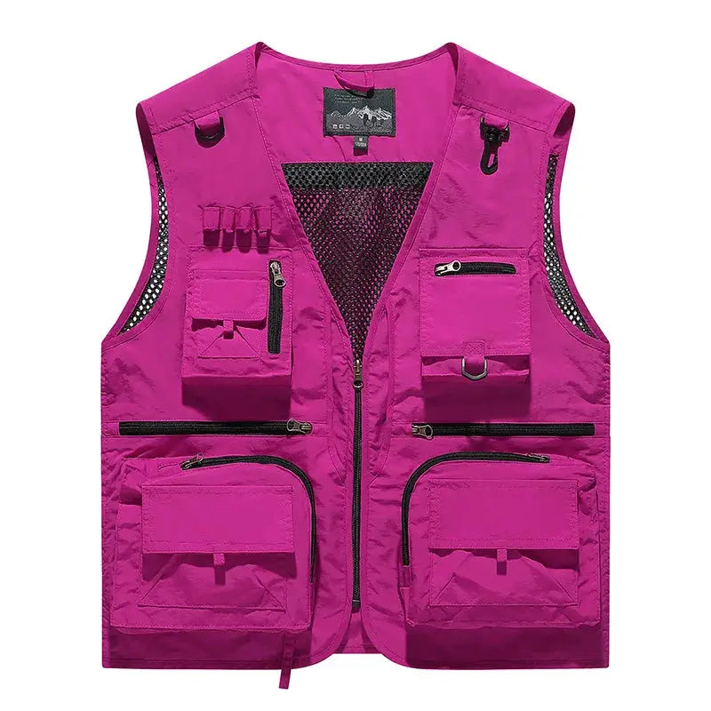 Men's pink outdoor vest with multiple pockets, zippers and mesh lining
