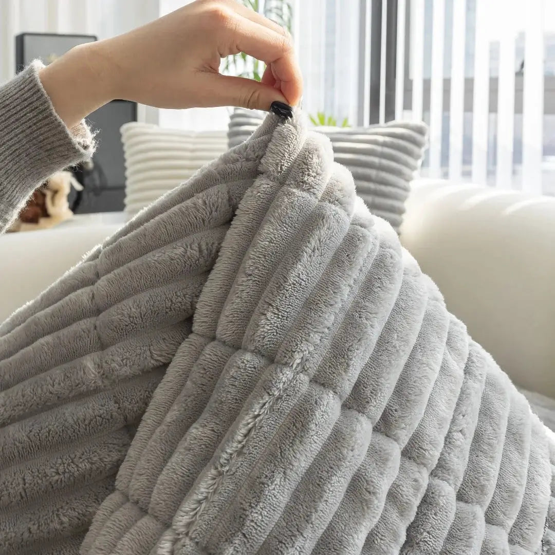 Thick plush striped quilted grey sofa pad throw by Simples Market for winter living room