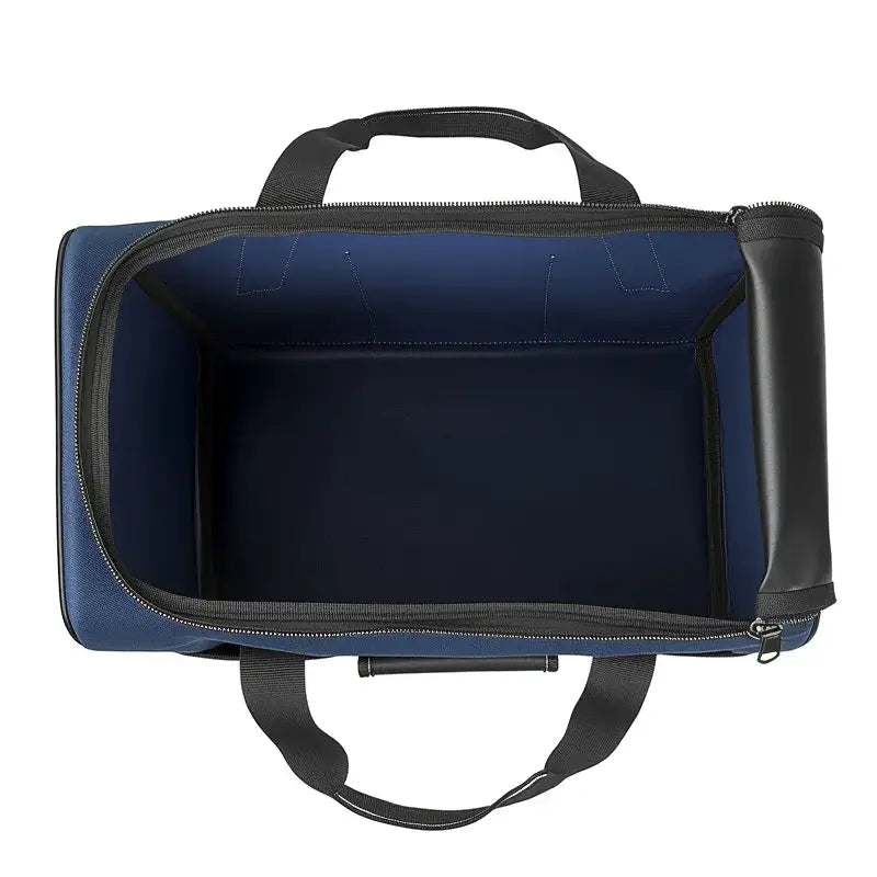 Heavy Duty Polyester Tool Bag Simples Market, blue with black handles and zipper, interior view.