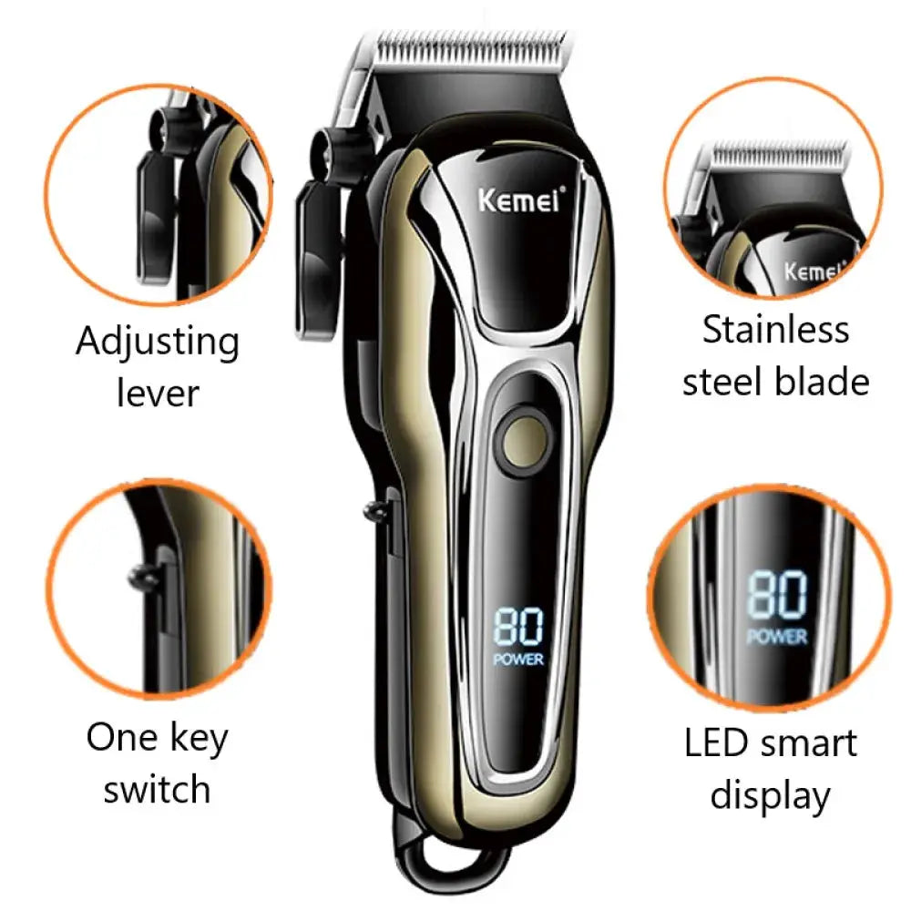 Clipper electric hair trimmer for men, Kemei-branded, black-gold body with stainless steel blade and LED display