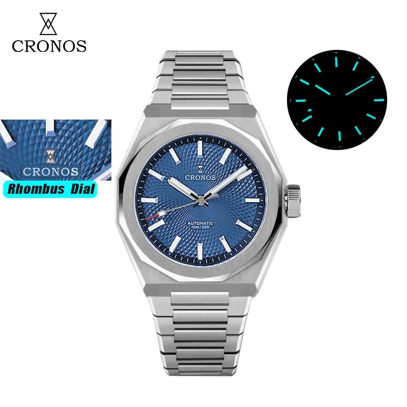 Cronos stainless steel automatic wristwatch with blue textured rhombus dial, 39mm case, luminous markers, metal bracelet