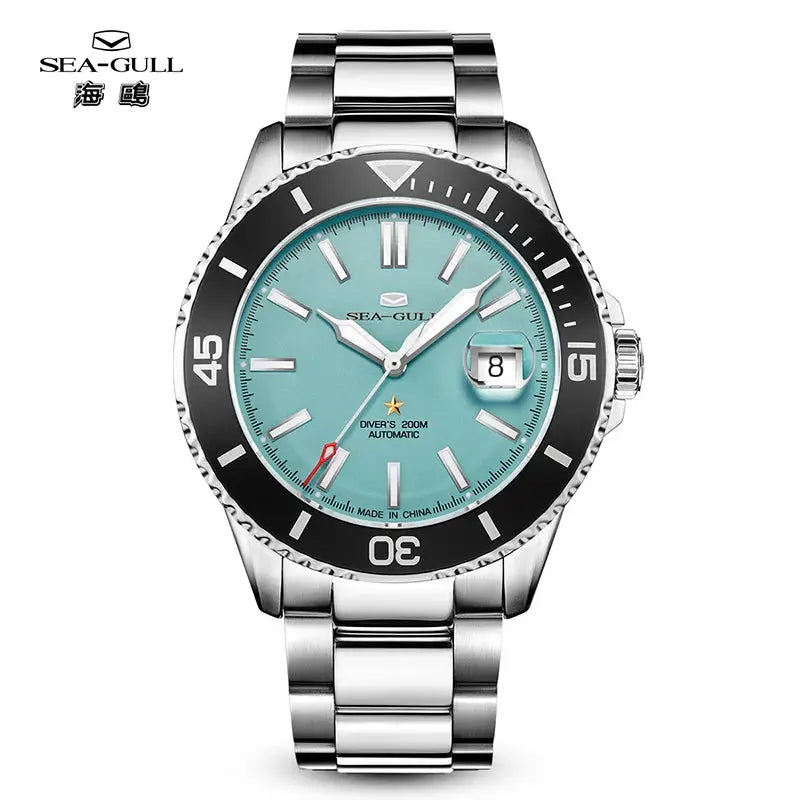 Sea-Gull men's diving watch with turquoise dial, stainless steel bracelet, 200m water resistance