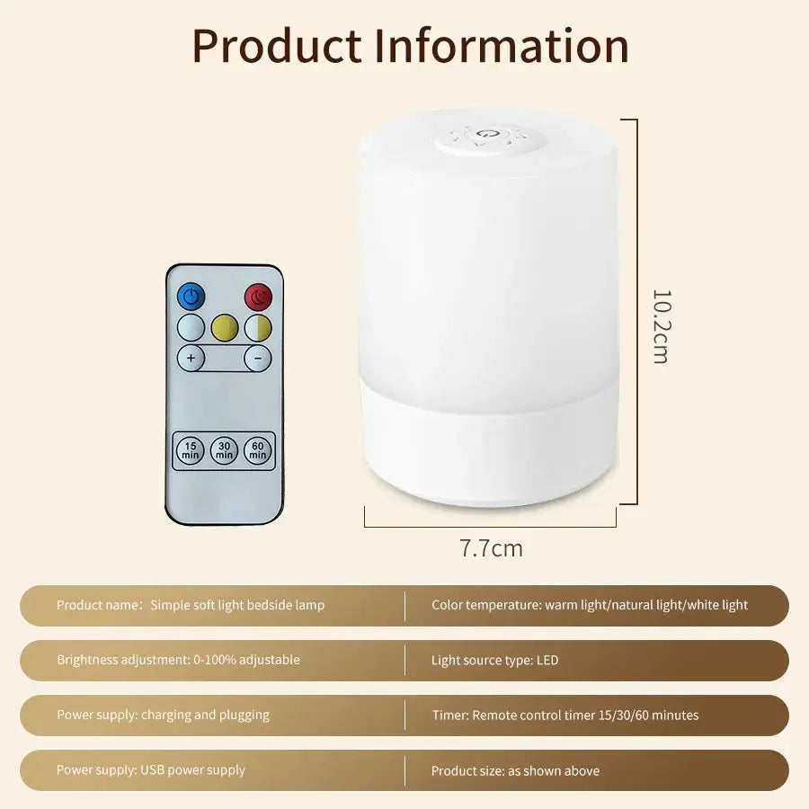 Bedside LED touch night light by Simples Market, white cylindrical rechargeable desk lamp with remote.