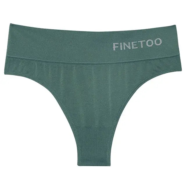 Finetoo teal high-waist seamless thong panty for women with visible logo on waistband
