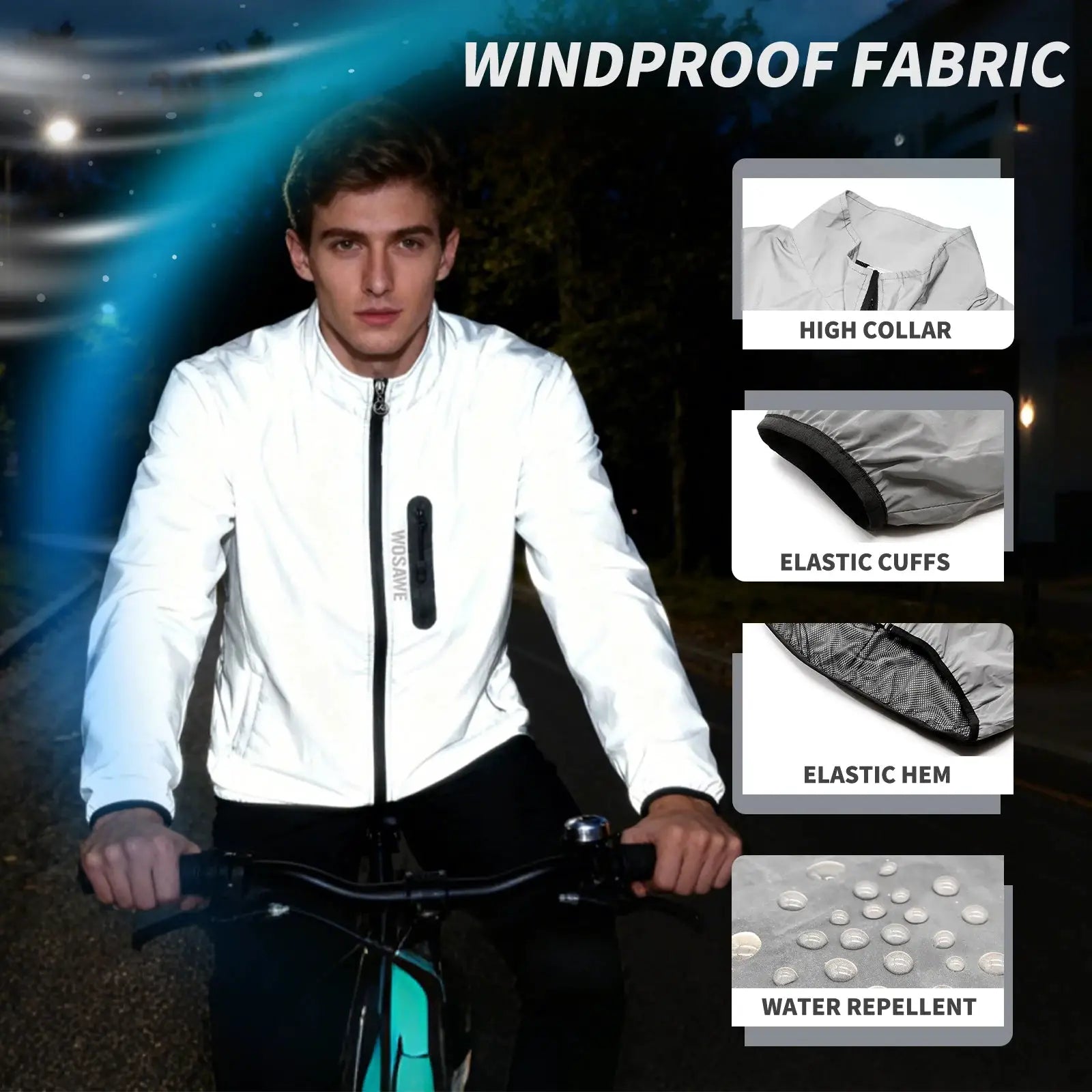 WOSAWE reflective windbreaker jacket for outdoor cycling, white with high collar
