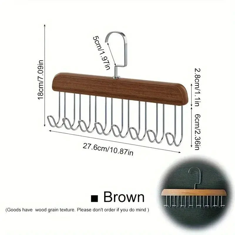 Simples Market brown wooden belt hanger with multiple metal hooks and a top hanging hook; 27.6 cm long