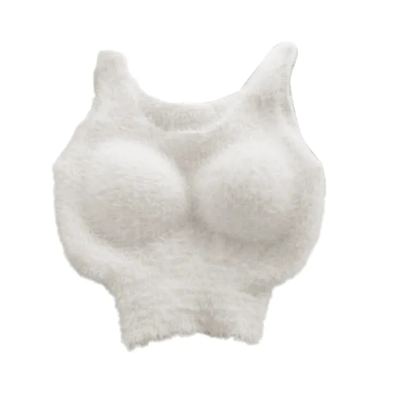 Simples Market white plush fleece cami top with built-in cups, cropped bralette