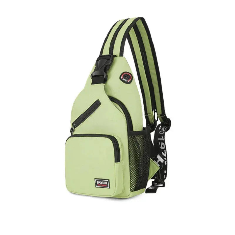 Women chest bag in lime-green Oxford fabric with black zippers and mesh side pocket; adjustable straps