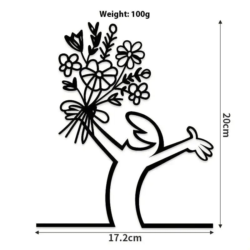 Black shower figure metal wall art with bouquet, aluminum plate.