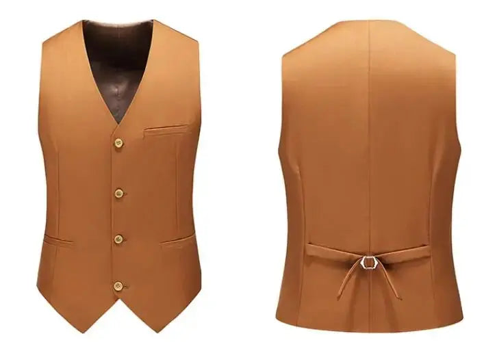 Men's camel brown waistcoat vest, slim-fit V-neck with buttons, back tie strap; front and back views.