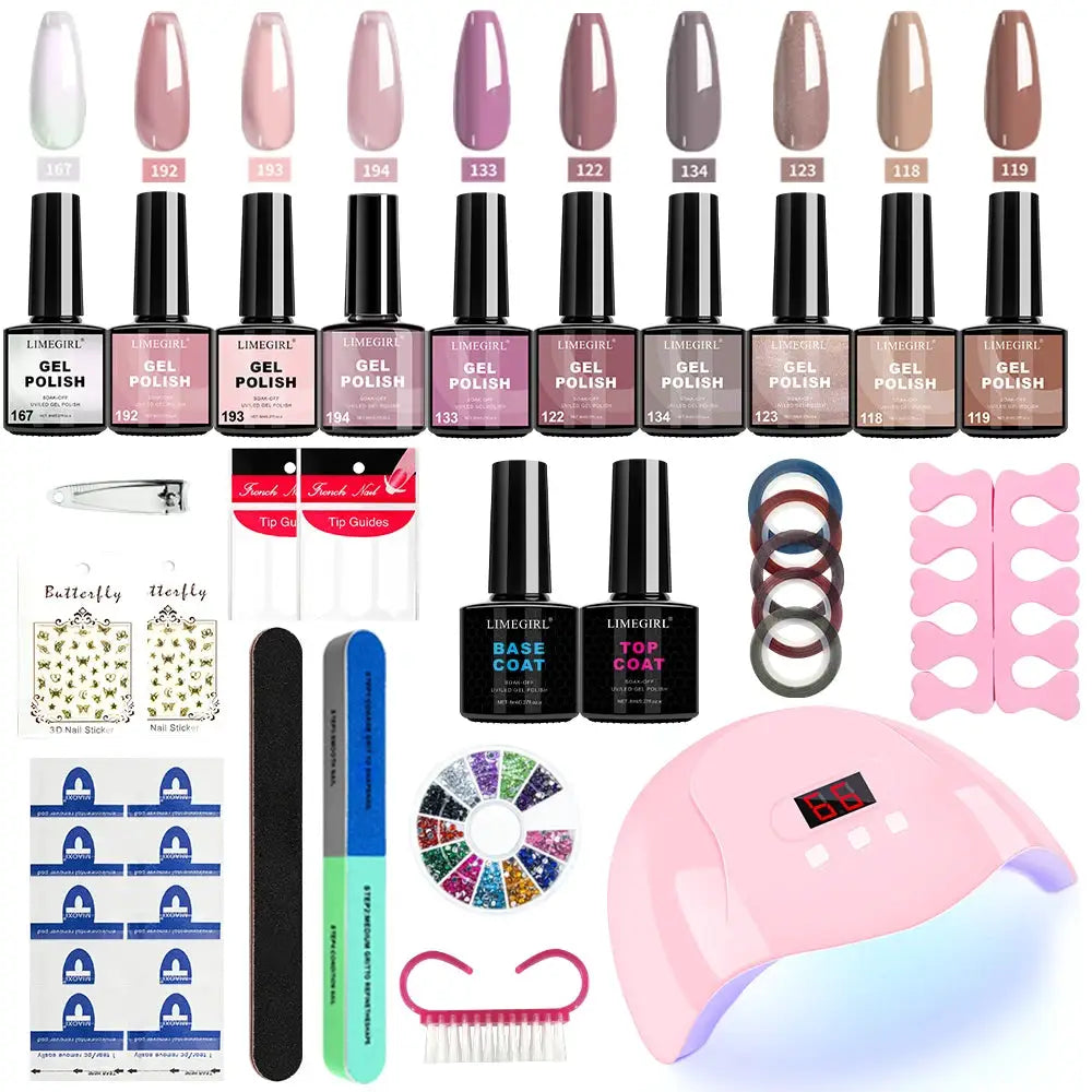 LIMEGIRL Gel Nail Polish Kit by Simples Market with UV LED lamp; 12-color polishes and manicure tools