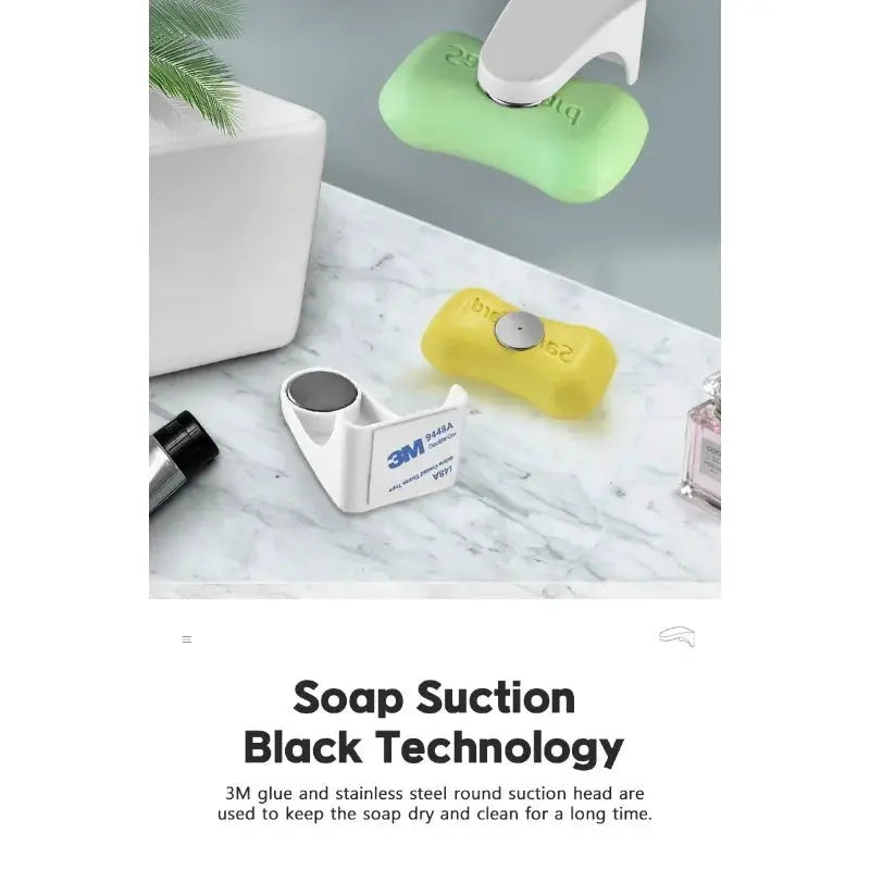 Magnetic soap holder by Simples Market with 3M suction head; white unit shown with green and yellow variants (set of 3).