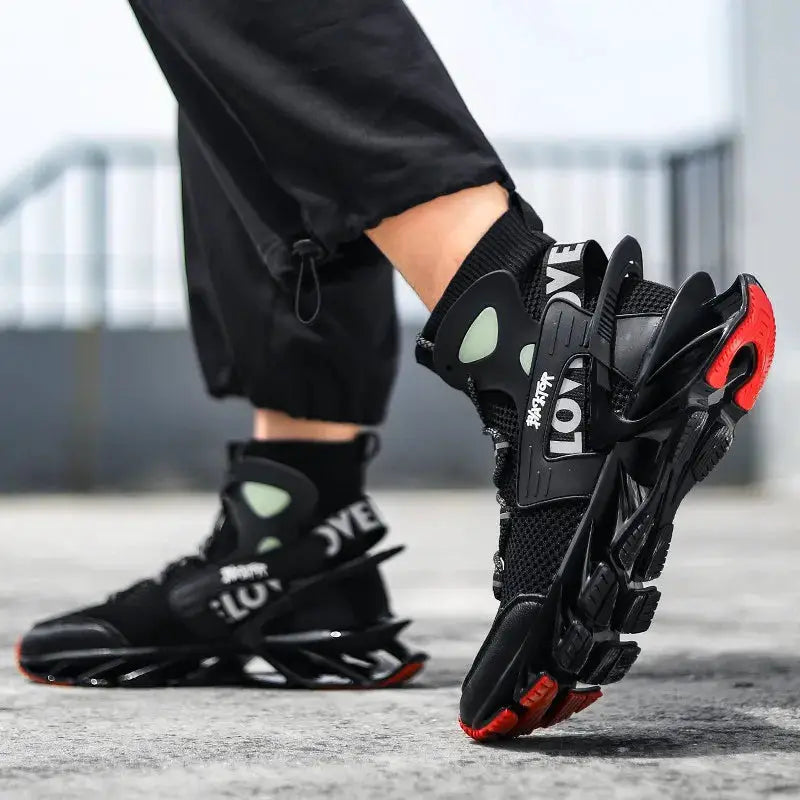 Men's sneakers by Simples Market, black breathable running shoes with red outsole and futuristic chunky design