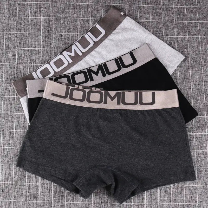 JOOMUU women's cotton boyshorts, 3-pack with beige logo waistband in gray, charcoal, and black
