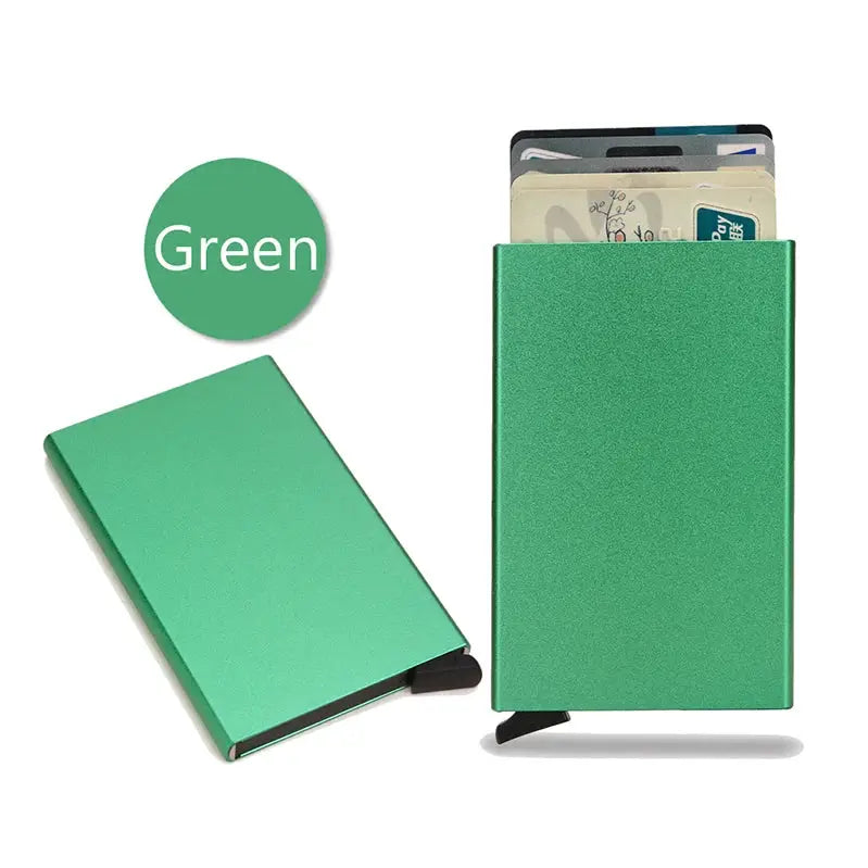 Two green aluminum RFID card holders by Simples Market; slim minimalist wallets with cards visible