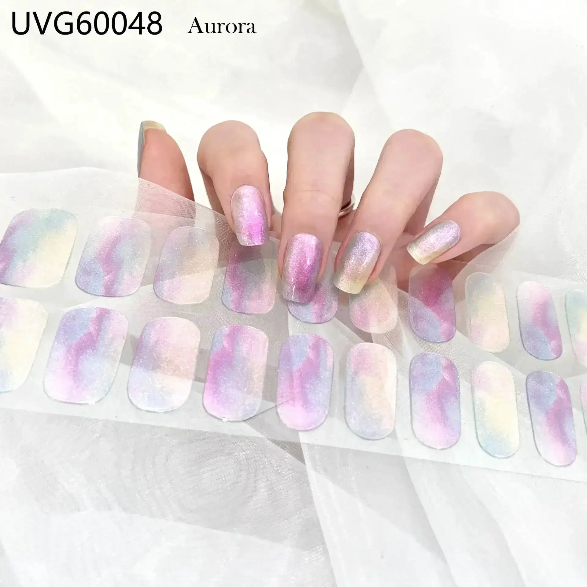 Simples Market gel nail wraps, full-cover manicure sheets with pastel pink–purple iridescent gradient
